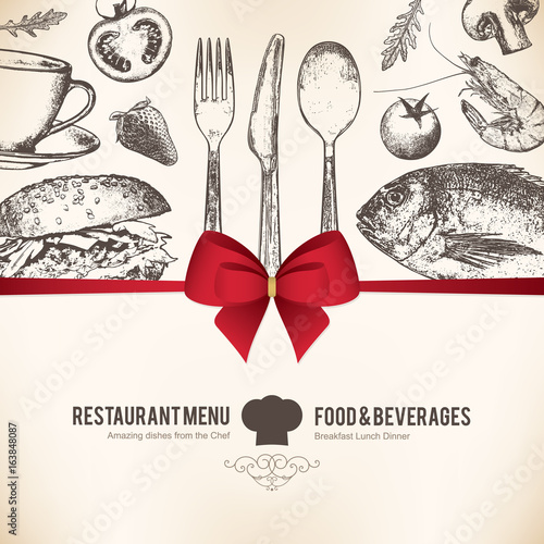 Restaurant menu design. Vector menu brochure template for cafe, coffee house, restaurant, bar. Food and drinks logotype symbol design. With a sketch pictures