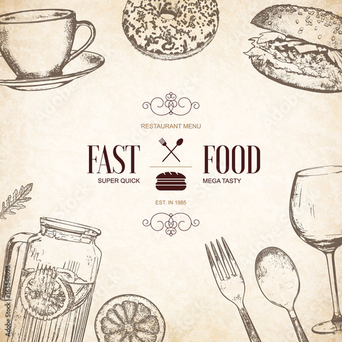 Restaurant menu design. Vector menu brochure template for cafe, coffee house, restaurant, bar. Food and drinks logotype symbol design. With a sketch pictures