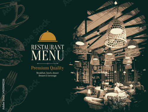 Restaurant menu design. Vector menu brochure template for cafe, coffee house, restaurant, bar. Food and drinks logotype symbol design. With a sketch pictures