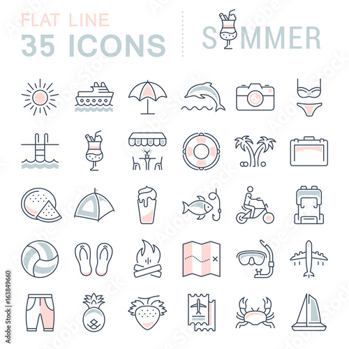 Set Vector Flat Line Icons Summer