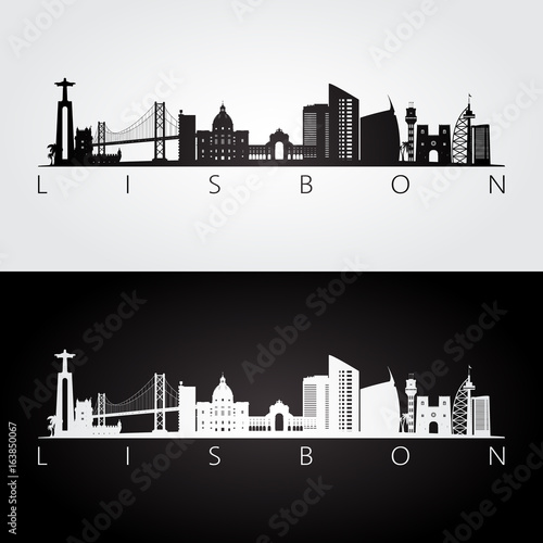 Lisbon skyline and landmarks silhouette, black and white design, vector illustration.