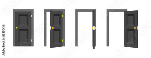 Doors set. Front view opened and closed the door. Isolated vector illustration.