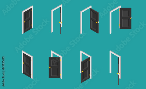 Black isometric door. Set of the opened and closed doors. Vector illustration.