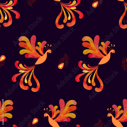 Seamless fairy Firebird pattern. Vector background with watercolor flying flaming Phoenix.