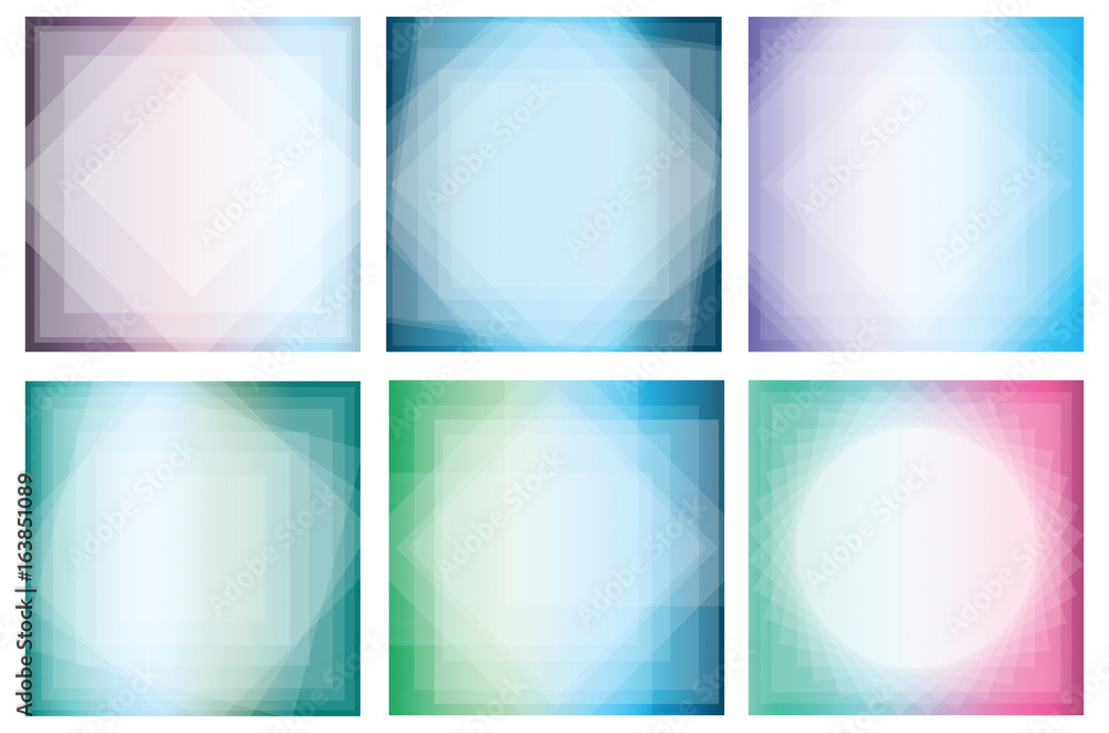Collection of abstract gradient backgrounds with transparent geometric shapes. Square background with space for text