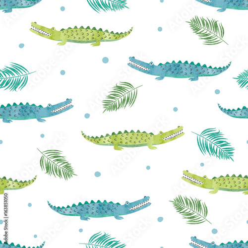 Seamless watercolor crocodile pattern. Vector background with alligators.