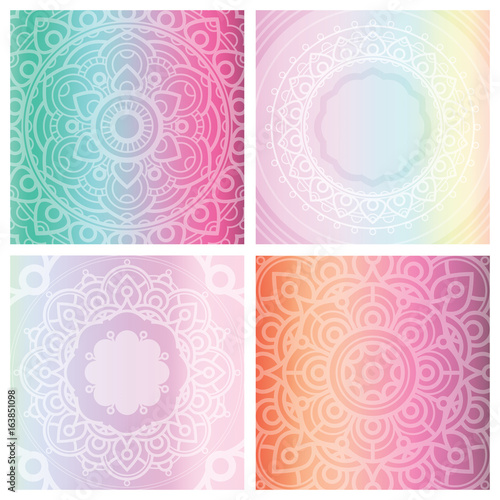 Set of 4 cards with floral mandala on tender gradient background. Bohemian ornament for posters or banners.