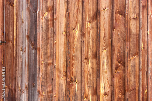 Brown background texture of vertical wooden planks logs bark. © rustamank