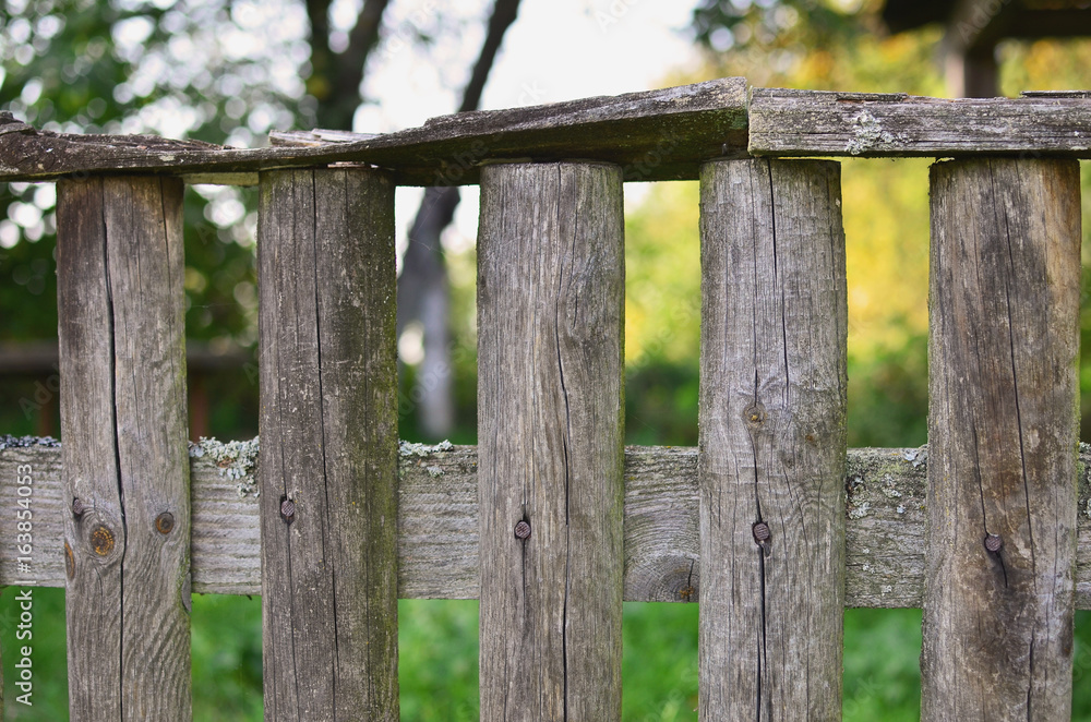 Close up view of old wooden fence in the garden. Copy space. Close up view of old wooden fence in the garden. Copy space.
