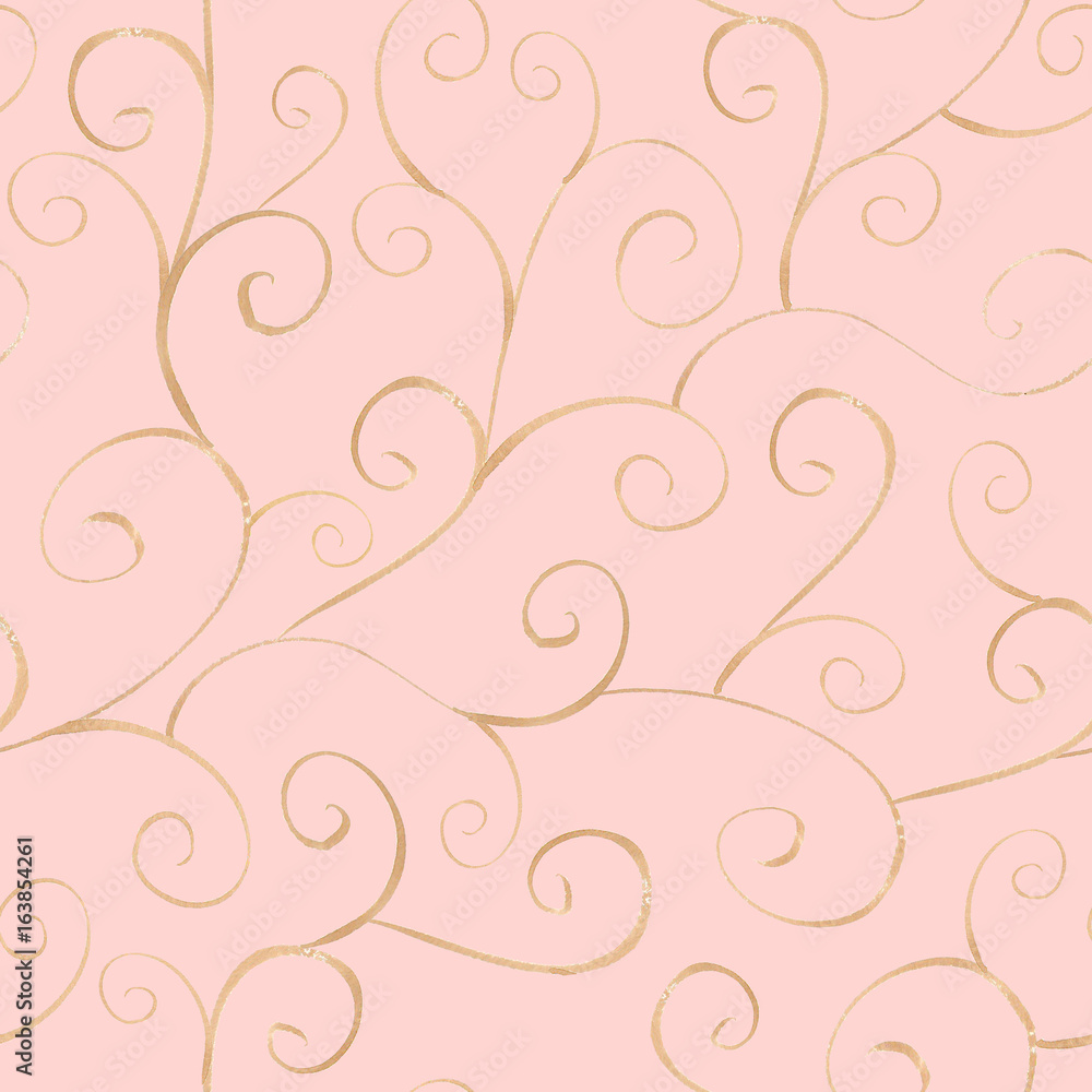 Watercolor gold ornamental line seamless pattern on light pink b