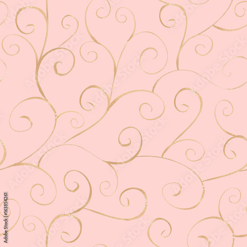 Watercolor gold ornamental line seamless pattern on light pink b