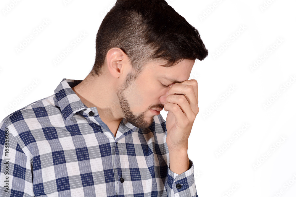Man holding nose against bad smell. Man holding nose against bad smell.