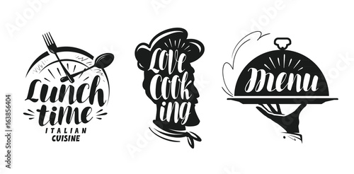 Cooking, cuisine logo. Set icons and symbols for design menu restaurant or cafe. Lettering, calligraphy vector illustration