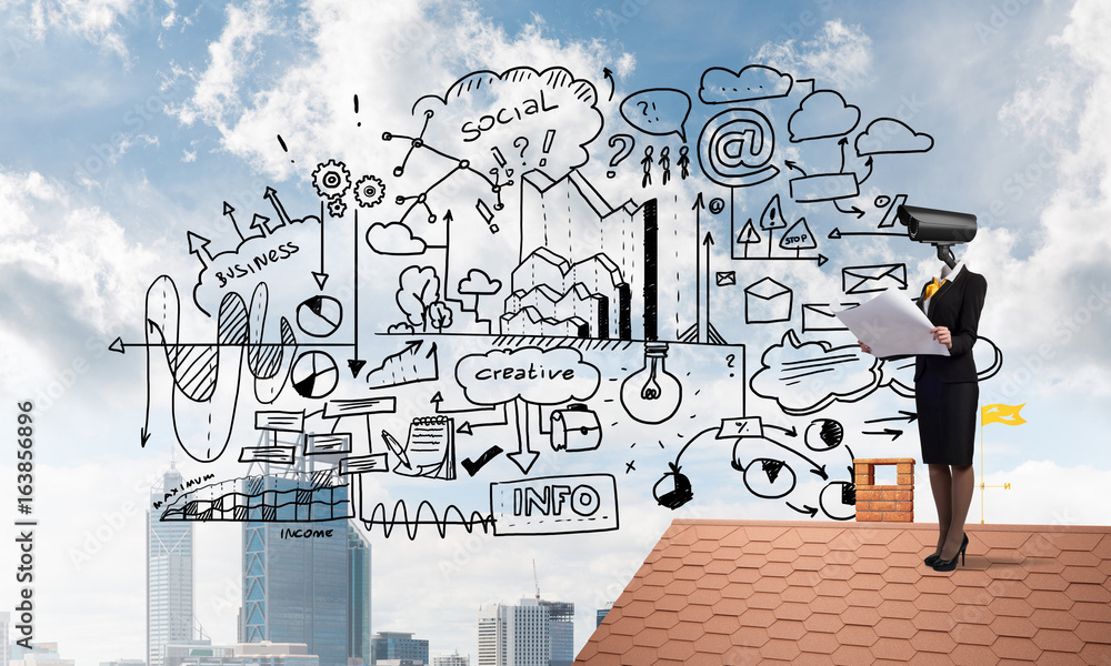 Concept of home security and privacy protection with camera headed woman