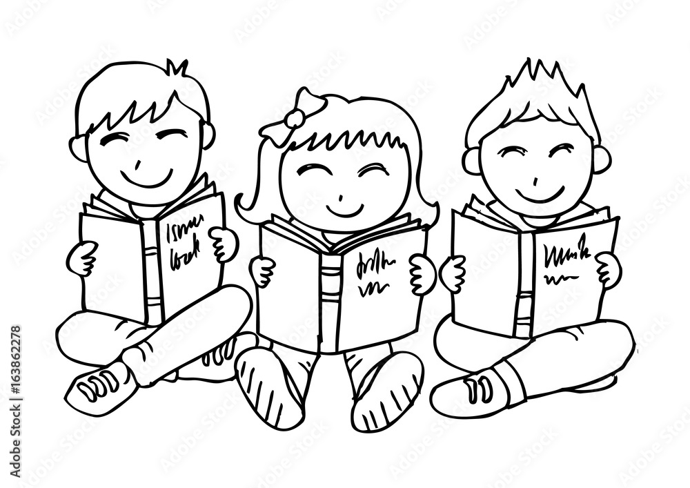 Happy Children Sitting while Reading Books Happy Children Sitting while Reading Books