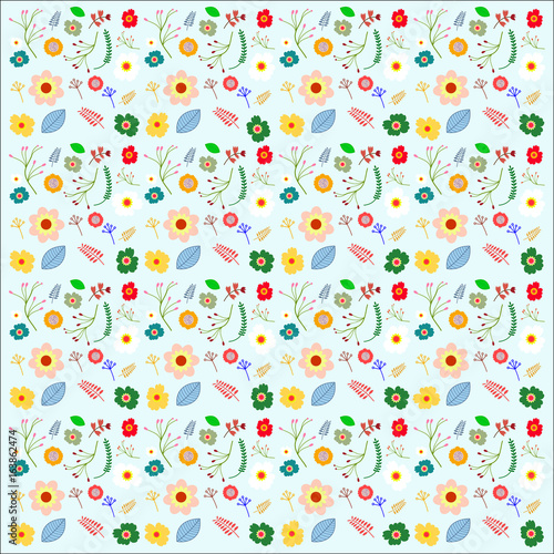 Vector floral pattern in doodle style with flowers and leaves. Gentle  spring floral background.