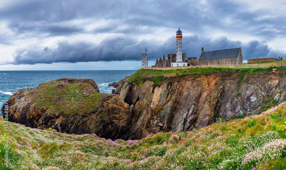 Panorama of lighthouse and ruin of monastery, Pointe de Saint Mathieu, Brittany (Bretagne), France