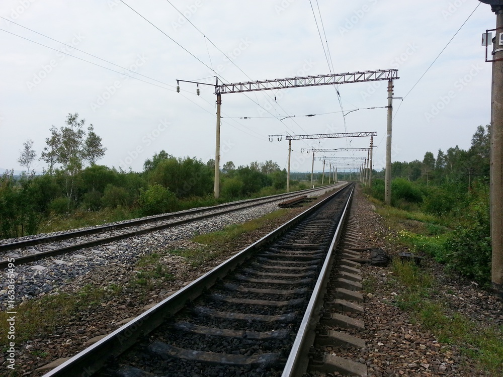 Railway, rails, perspective, electricity, trees, summer, sky, blue, wires, rails, techno,