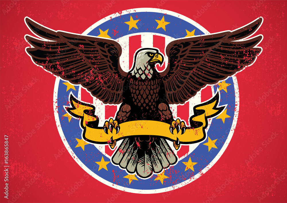 Obraz premium american eagle spread wings with ribbon and rustic textured