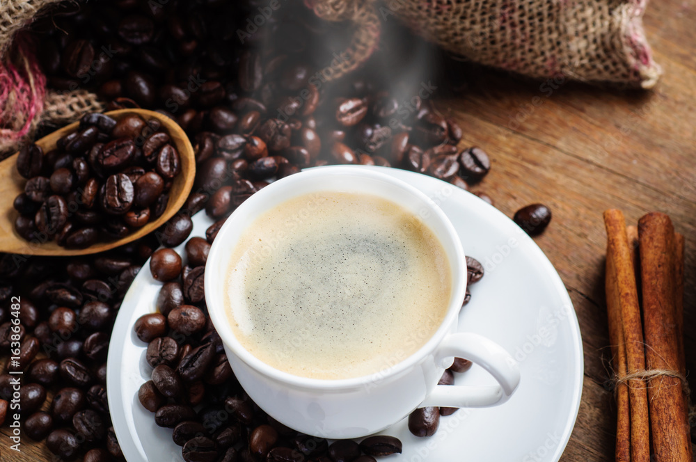 Coffee cup and coffee beans