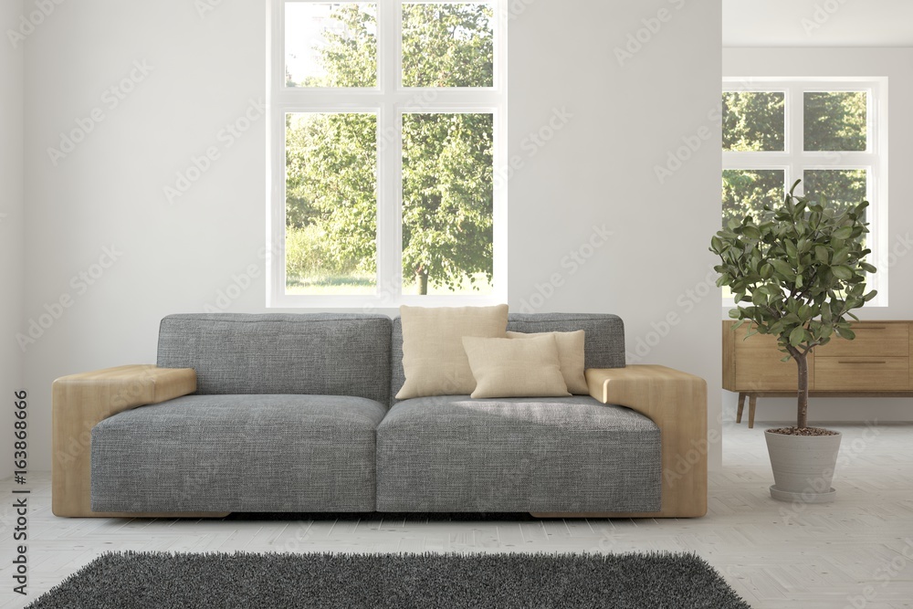 White room with sofa and green landscape in window. Scandinavian interior design. 3D illustration White room with sofa and green landscape in window. Scandinavian interior design. 3D illustration