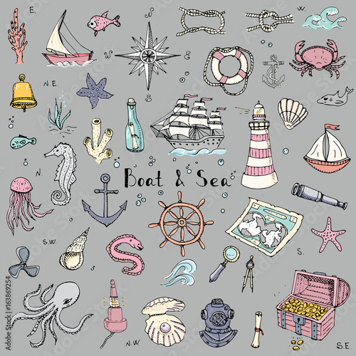 Hand drawn doodle Boat and Sea set. Vector illustration. Icons sea life concept elements. Ship symbols collection Marine life Nautical design Underwater life Water animals Ocean map Spyglass Magnifier
