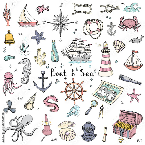 Hand drawn doodle Boat and Sea set. Vector illustration. Icons sea life concept elements. Ship symbols collection Marine life Nautical design Underwater life Water animals Ocean map Spyglass Magnifier