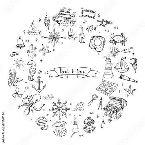 Hand drawn doodle Boat and Sea set. Vector illustration. Icons sea life concept elements. Ship symbols collection Marine life Nautical design Underwater life Water animals Ocean map Spyglass Magnifier