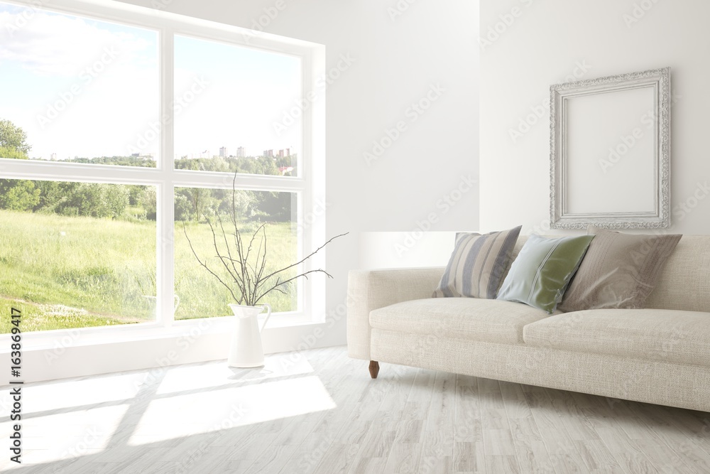 Fototapeta premium White room with sofa and green landscape in window. Scandinavian interior design. 3D illustration