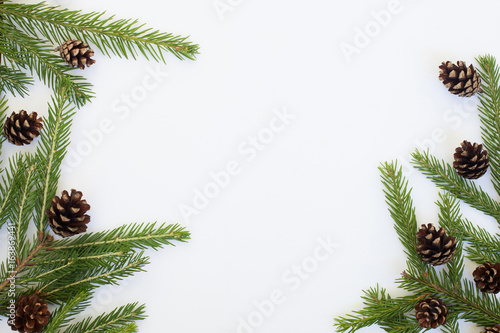 Rustic winter pattern with larch branches and pine cones