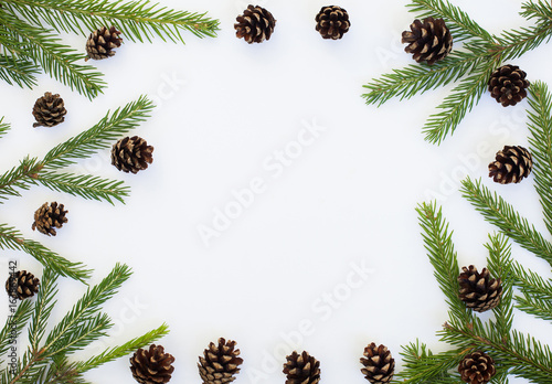 winter rustic round frame with fir branches and pine cones