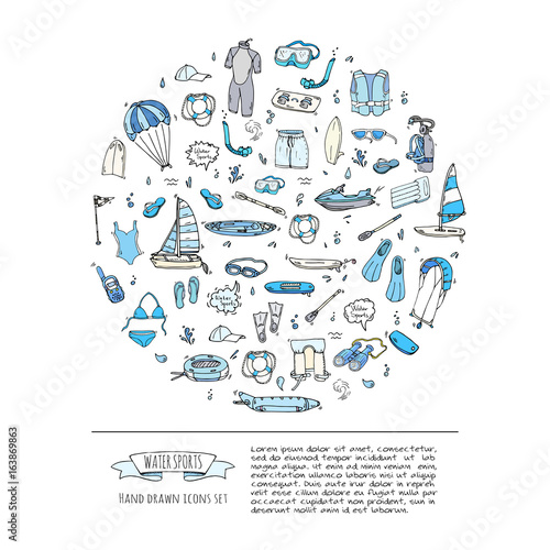 Hand drawn doodle Water sports icons set. Vector illustration, isolated symbols collection, Cartoon various elements: jetski, wakeboard, waterski, surfing, kayak, kitesurfing, paddle, parasailing