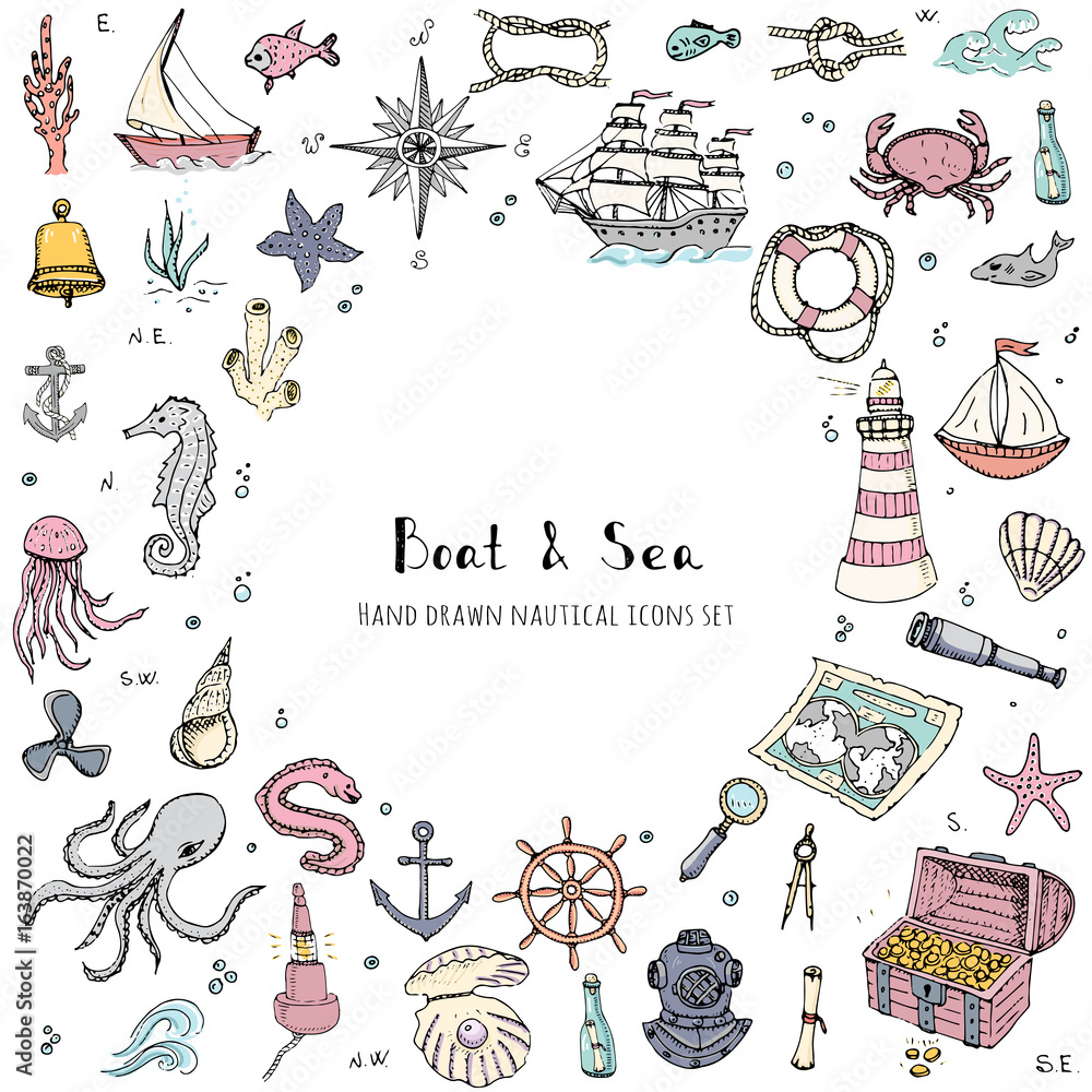 Fototapeta premium Hand drawn doodle Boat and Sea set. Vector illustration. Icons sea life concept elements. Ship symbols collection Marine life Nautical design Underwater life Water animals Ocean map Spyglass Magnifier