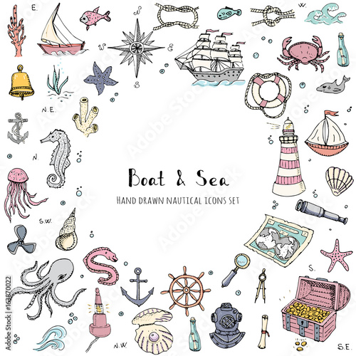 Hand drawn doodle Boat and Sea set. Vector illustration. Icons sea life concept elements. Ship symbols collection Marine life Nautical design Underwater life Water animals Ocean map Spyglass Magnifier
