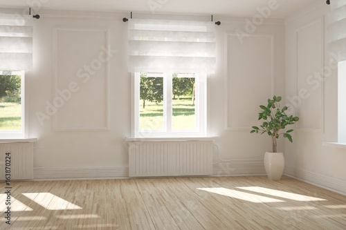 White empty room with green landscape in window. Scandinavian interior design. 3D illustration © AntonSh