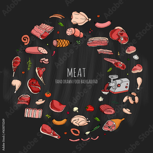 Hand drawn doodle set of cartoon of meat and poultry. Vector illustration set. Sketchy food elements collection: Lamb Pork Ham Mince Chicken Steak Bacon Sausage Salami Veggie Chalkboard background