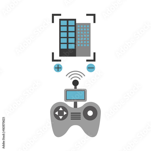Drone remote control with builbing vector illustration design