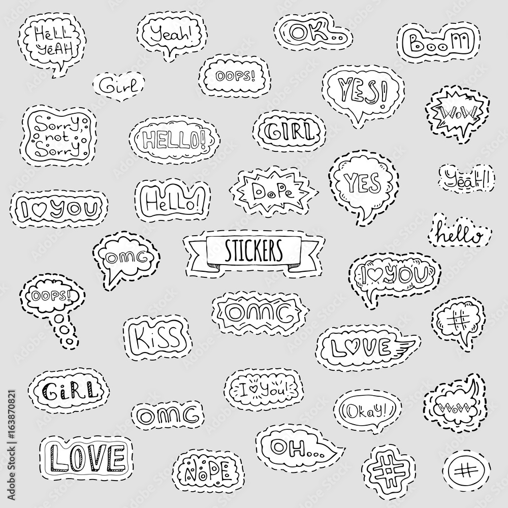 Fashion patch badges. Vector illustration Hand drawn isolated on light background. Set of stickers, pins, patches in cartoon 80s-90s pop-art comic style design. Lettering Boom Yeah Wow Dope Hashtag Ok