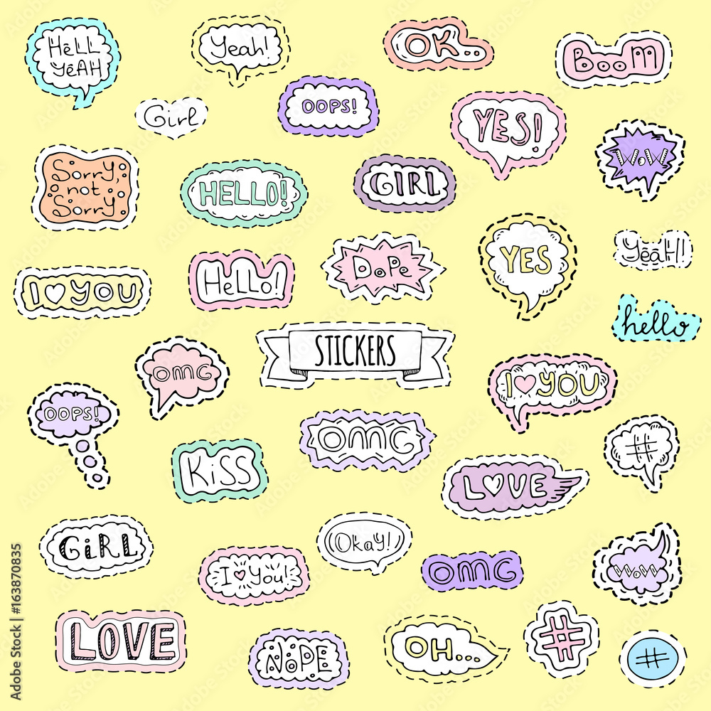 Fashion patch badges. Vector illustration Hand drawn isolated on light background. Set of stickers, pins, patches in cartoon 80s-90s pop-art comic style design. Lettering Boom Yeah Wow Dope Hashtag Ok