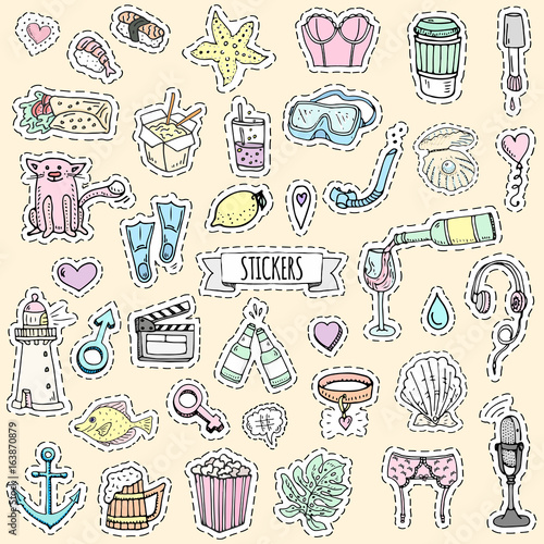 Fashion patch badges. Vector illustration Hand drawn isolated on light background. Set of stickers, pins, patches in cartoon 80s-90s pop-art comic style design Wine Beer Microphone Lingerie Sushi Love