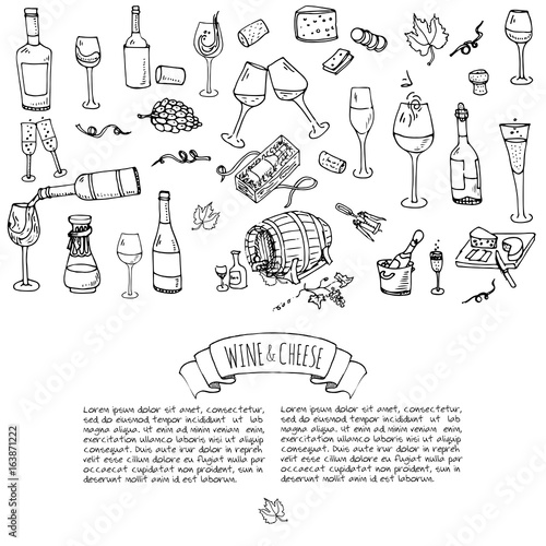 Hand drawn wine set icons Vector illustration Sketchy wine tasting elements collection Winery objects Cartoon symbols Vineyard background Vine Vineland Grape Glass Bottle Cheese Oak barrel Opener
