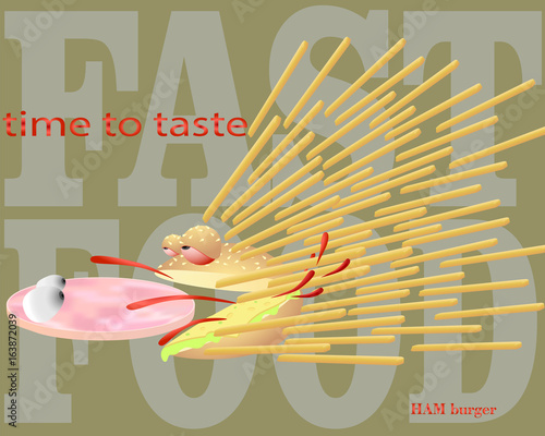 Bun catches ham for hamburger / fast food / vector