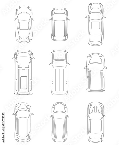 Set of cars top view for transportation theme. Includes sedan  van  wagon  hatchback  sportcar. Vector illustration