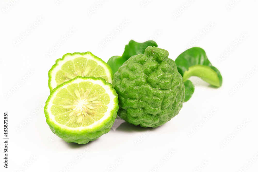 Kaffir lime and kaffir lime leaf on white background Kaffir lime and kaffir lime leaf on white background