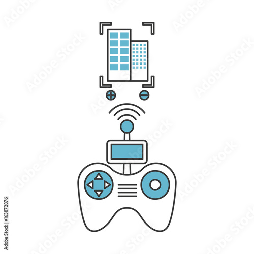 Drone remote control with builbing vector illustration design