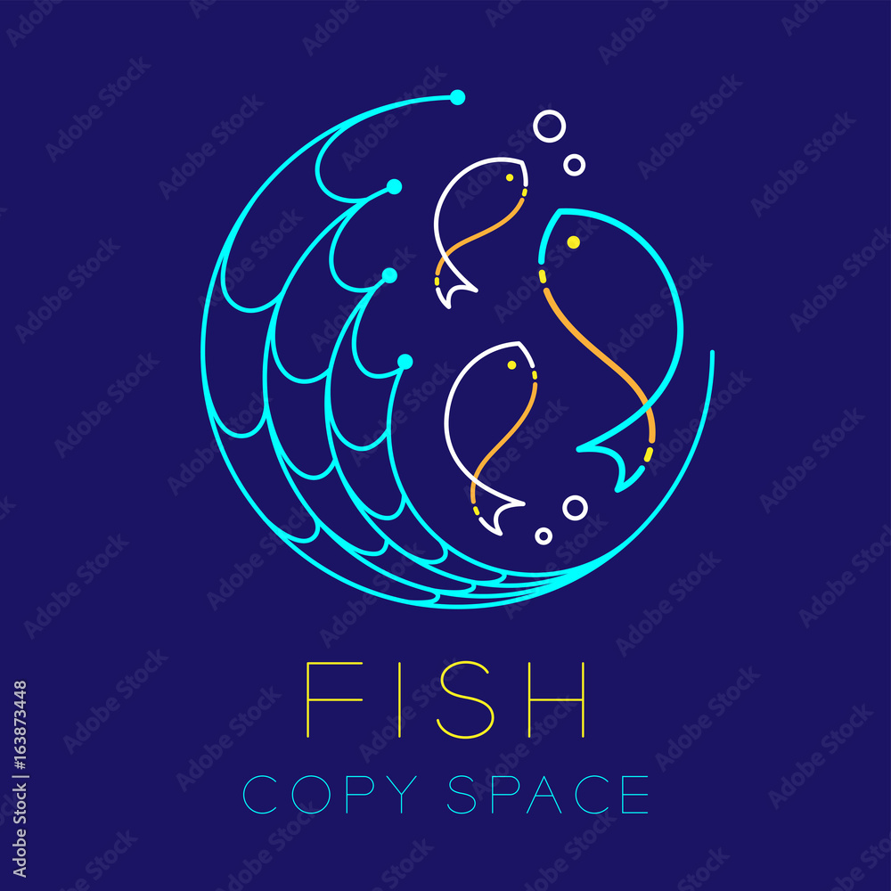Fototapeta premium Fish, Fishing net circle shape and Air bubble logo icon outline stroke set dash line design illustration isolated on dark blue background with Fish text and copy space