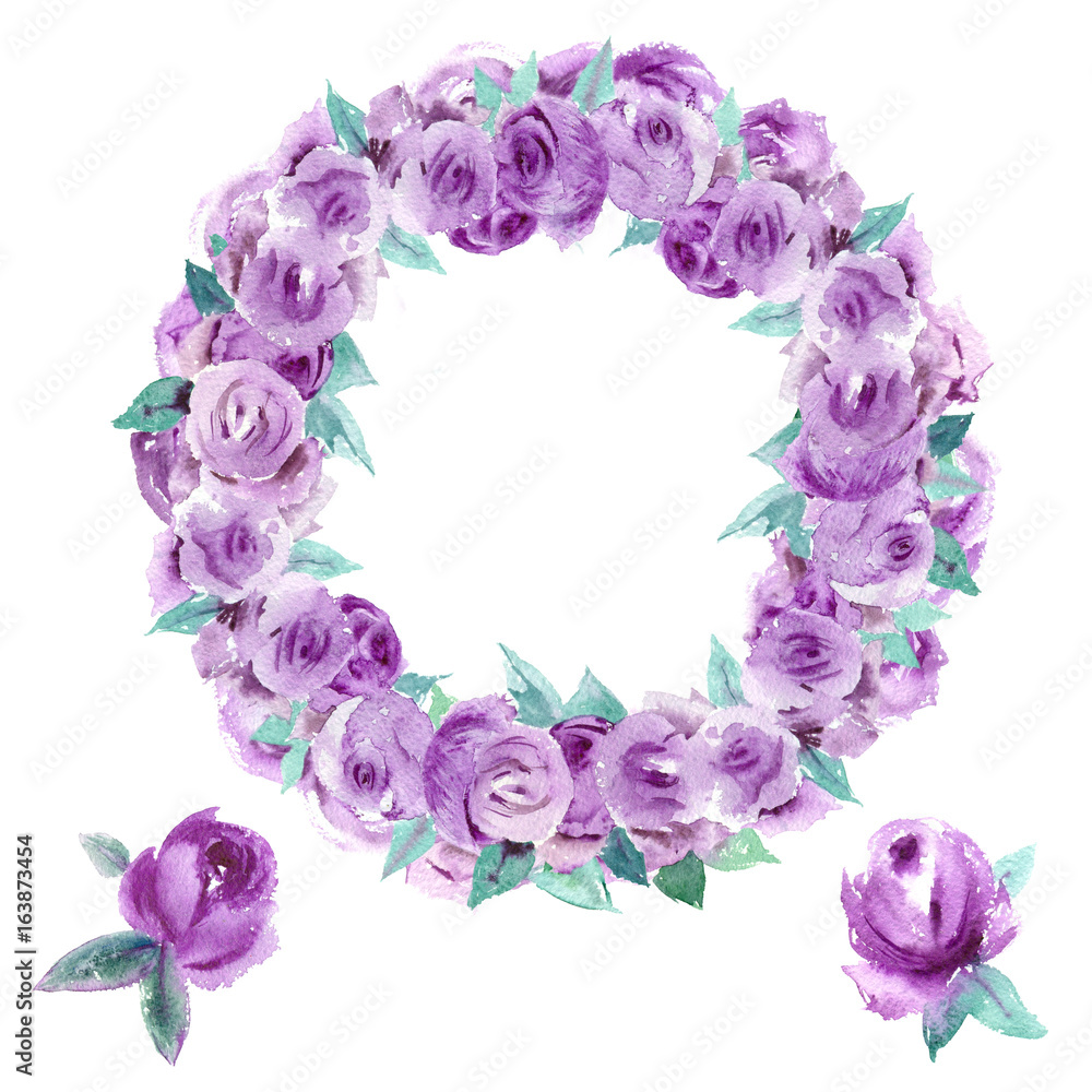 Watercolor painting floral garland. A wreath of purple flowers on a white background.