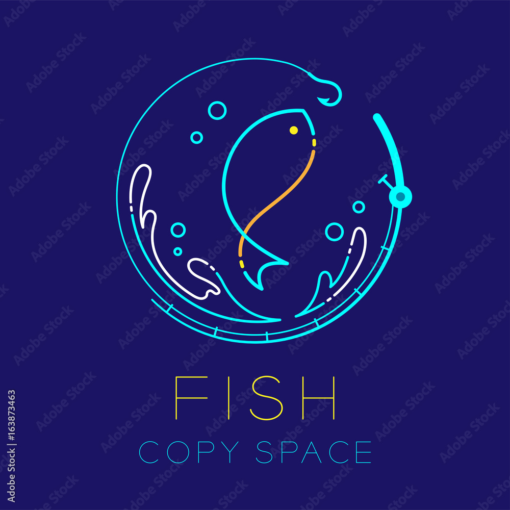 Naklejka premium Fish, Fishing rod circle shape, Water splash and Air bubble logo icon outline stroke set dash line design illustration isolated on dark blue background with Fish text and copy space