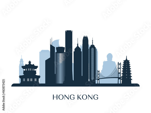Hong Kong skyline, monochrome silhouette. Vector illustration.