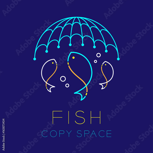 Fish, Fishing net and Air bubble logo icon outline stroke set dash line design illustration isolated on dark blue background with Fish text and copy space
